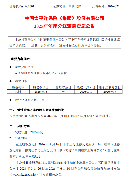 中国太保:将于7月17日实施2025年年度分红派息