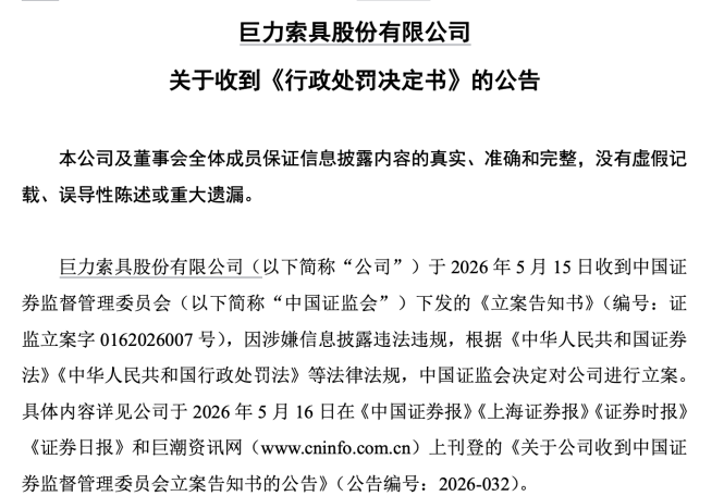 巨力索具	，被罚450万元